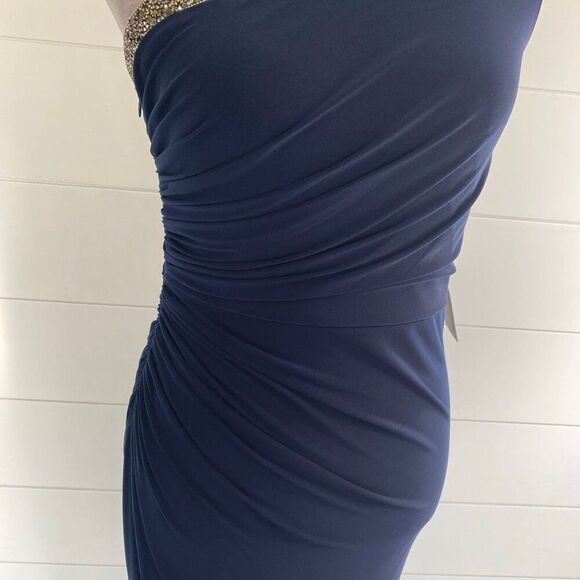 Adrianna Papell One-Shoulder Jersey Gown Navy Blue Sz 2 - Picture 4 of 13